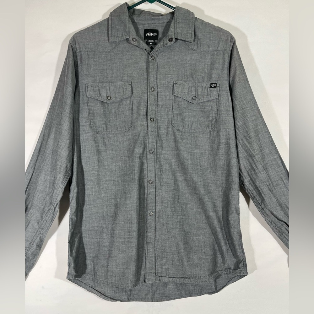 FOX DENIM SHIRT MEN M GRAY SNAP UP POCKETS STYLE EDGY DRESS CAUSAL 100% COTTON